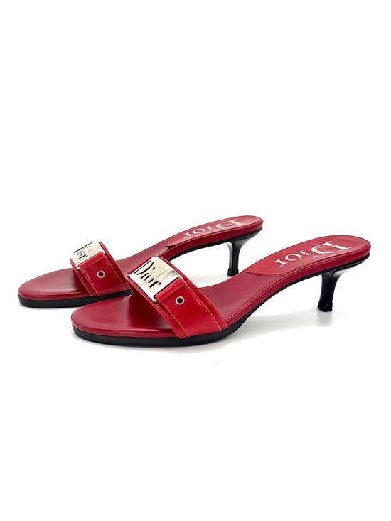 Dior Shoes - Dior Vintage Galliano Logo Plaque Red Leather Slip On Mules Sandals 35.5